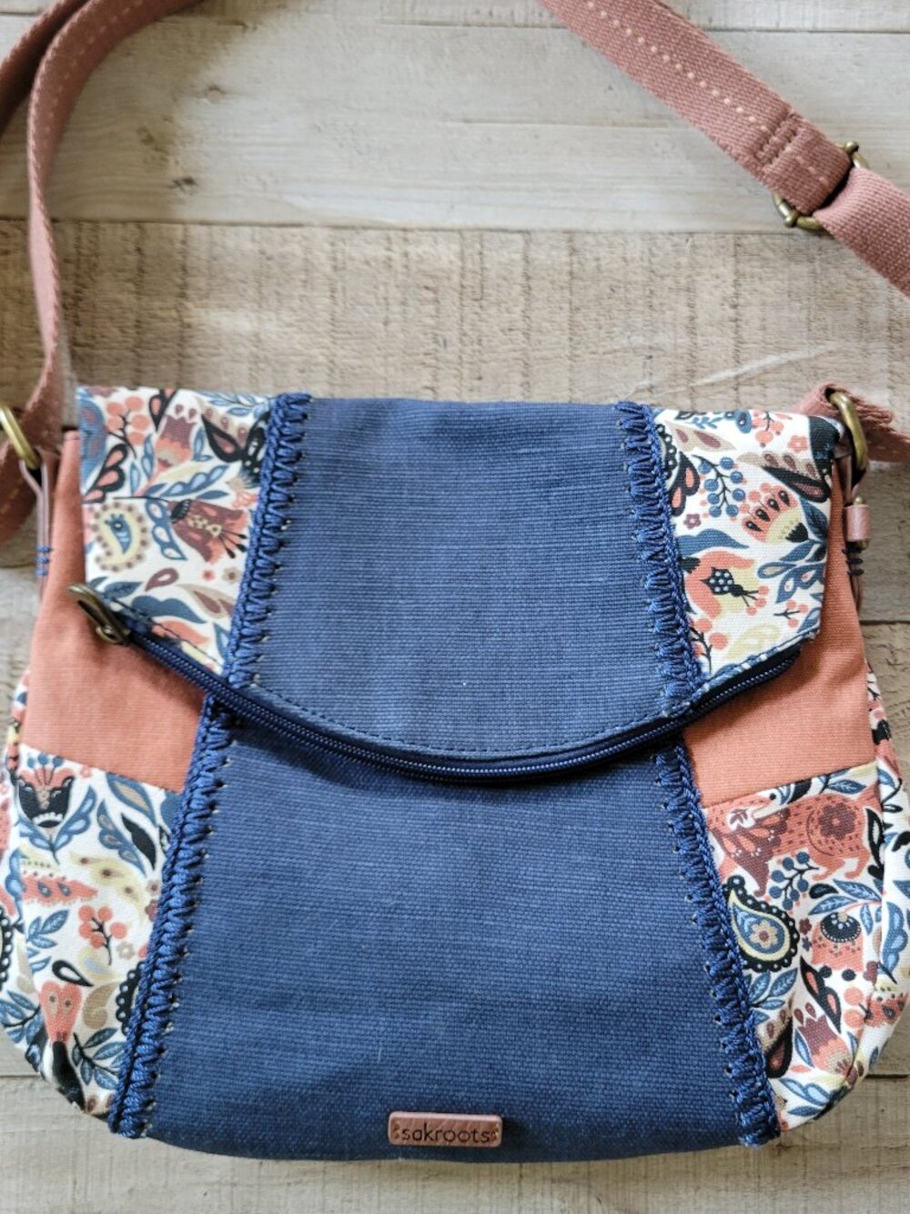 Sakroots Sienna Spirit Desert Zip Foldover Crossbody Bag Canvas Floral Boho Blue